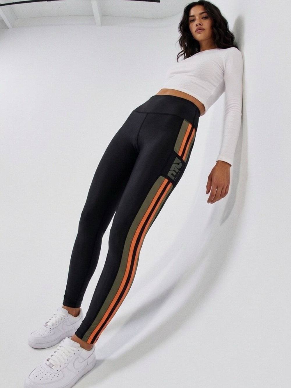 P.E Nation Orange Striped Logo High Rise Leggings Small  Like New